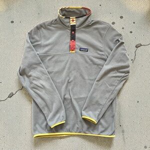 patagonia grey fleece pullover with colorful collar